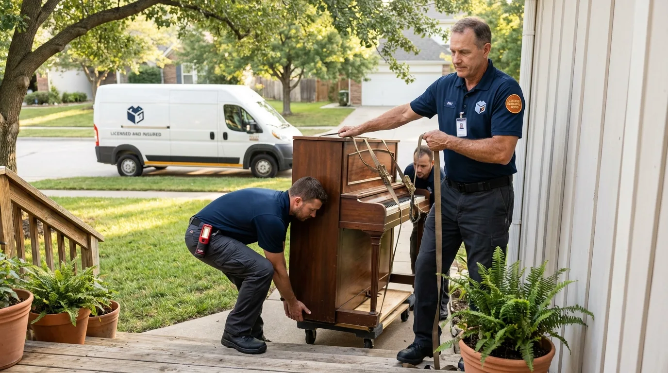Licensed piano movers securing grand piano in Pompton Lakes, NJ