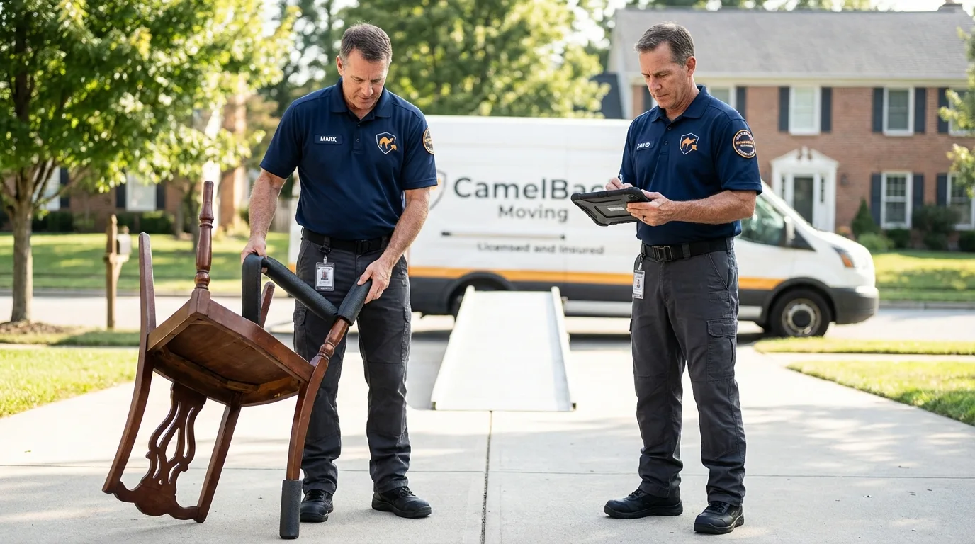 Movers inspecting furniture for damage prevention before loading in Pompton Lakes, NJ