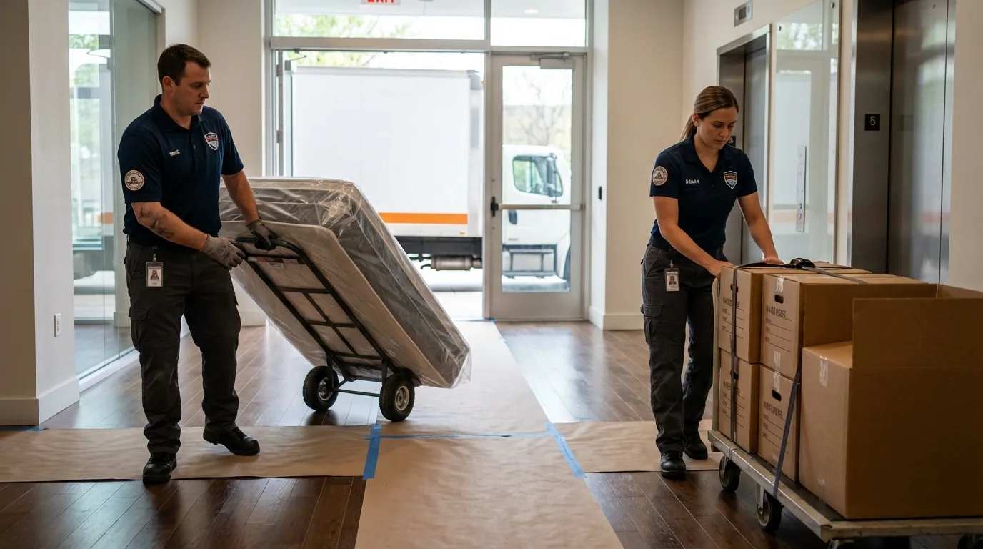 Professional apartment movers loading elevator in Pompton Lakes, NJ